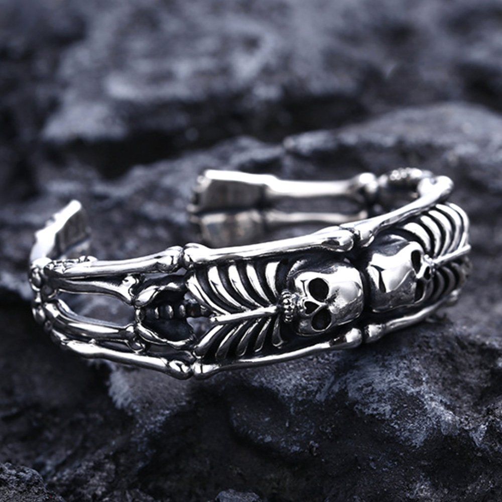 Men's Sterling Silver Skeletons Skull Cuff Bracelet