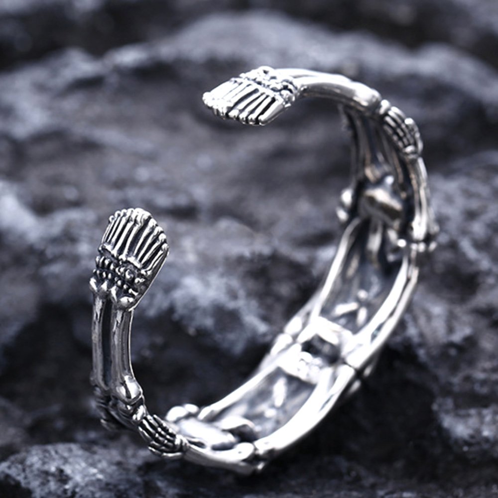 Men's Sterling Silver Skeletons Skull Cuff Bracelet