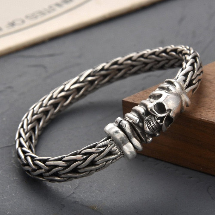 Men's Sterling Silver Skull Clasp Braided Bracelet