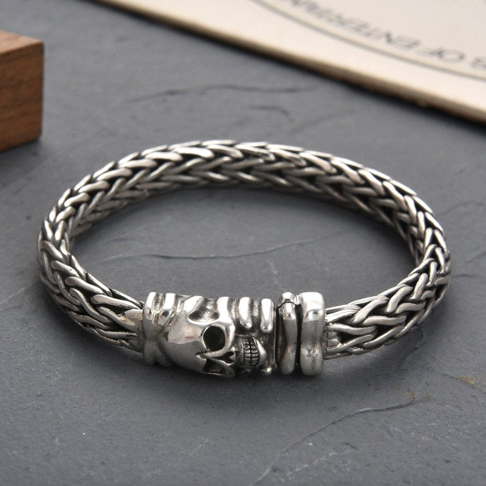 Men's Sterling Silver Skull Clasp Braided Bracelet