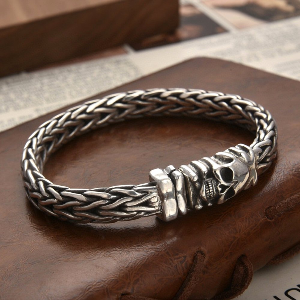 Men's Sterling Silver Skull Clasp Braided Bracelet