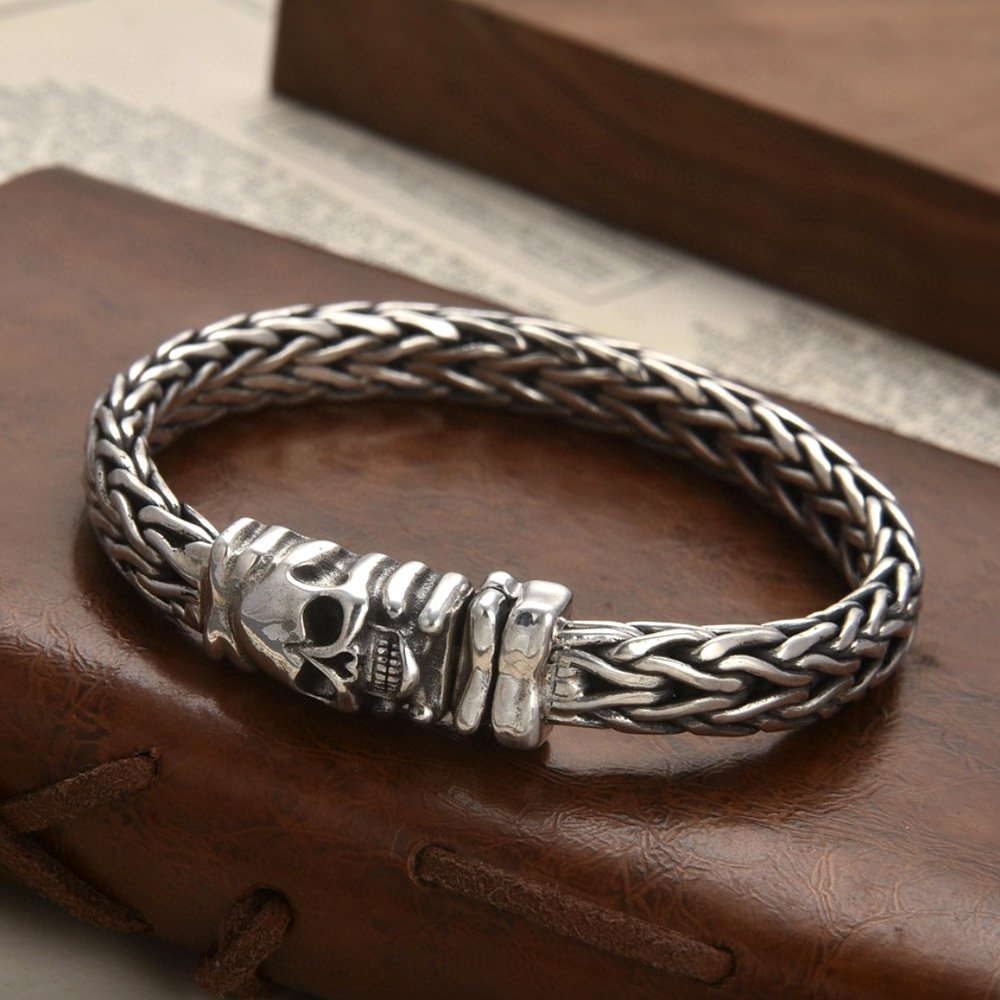 Men's Sterling Silver Skull Clasp Braided Bracelet