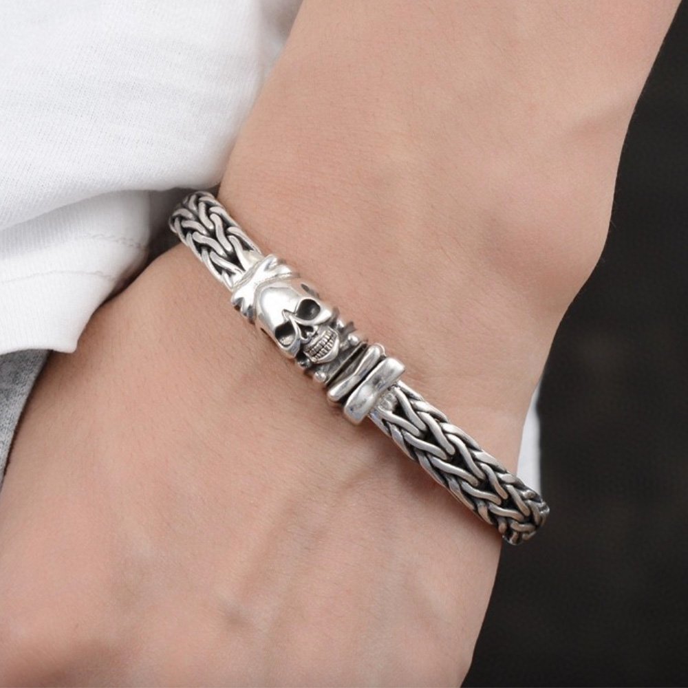 Men's Sterling Silver Skull Clasp Braided Bracelet