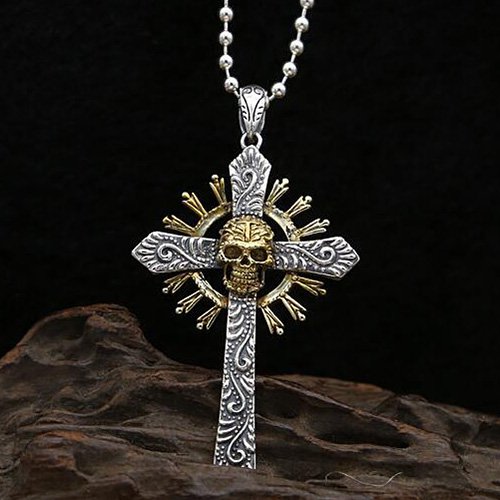 Men's Sterling Silver Skull Cross Necklace