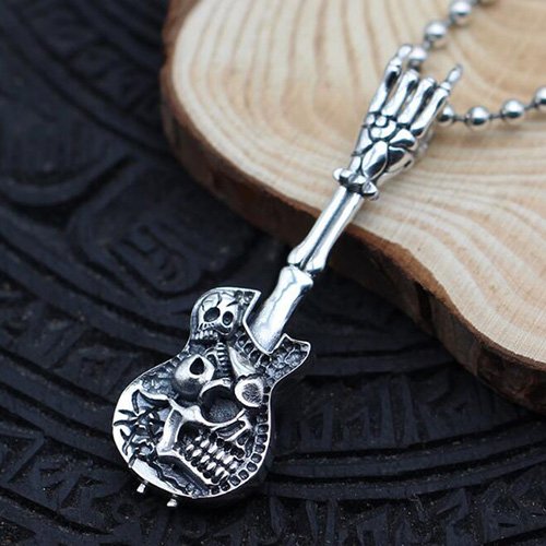 Men's Sterling Silver Skull Guitar Necklace