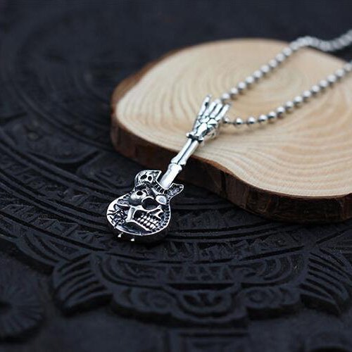 Men's Sterling Silver Skull Guitar Necklace