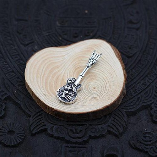 Men's Sterling Silver Skull Guitar Necklace