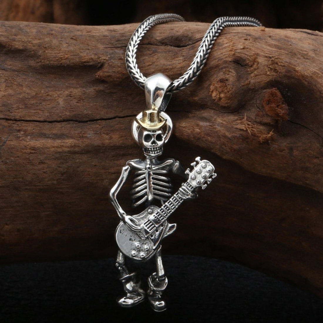 Men's Sterling Silver Skull Guitarist Pendant Necklace