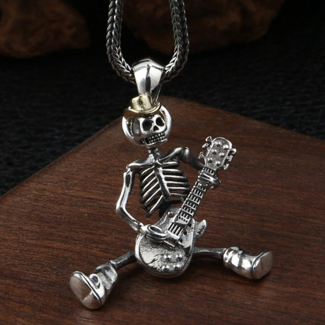 Men's Sterling Silver Skull Guitarist Pendant Necklace