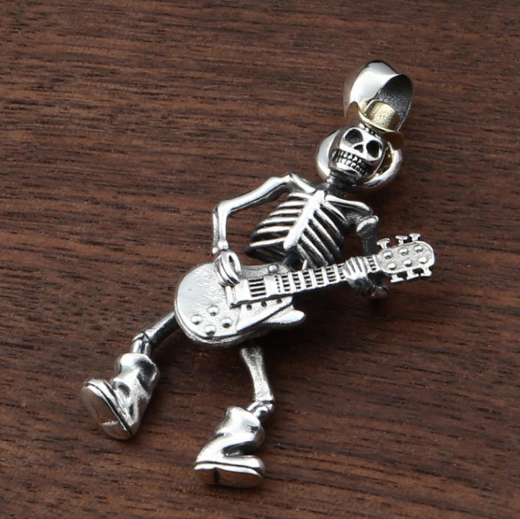 Men's Sterling Silver Skull Guitarist Pendant Necklace