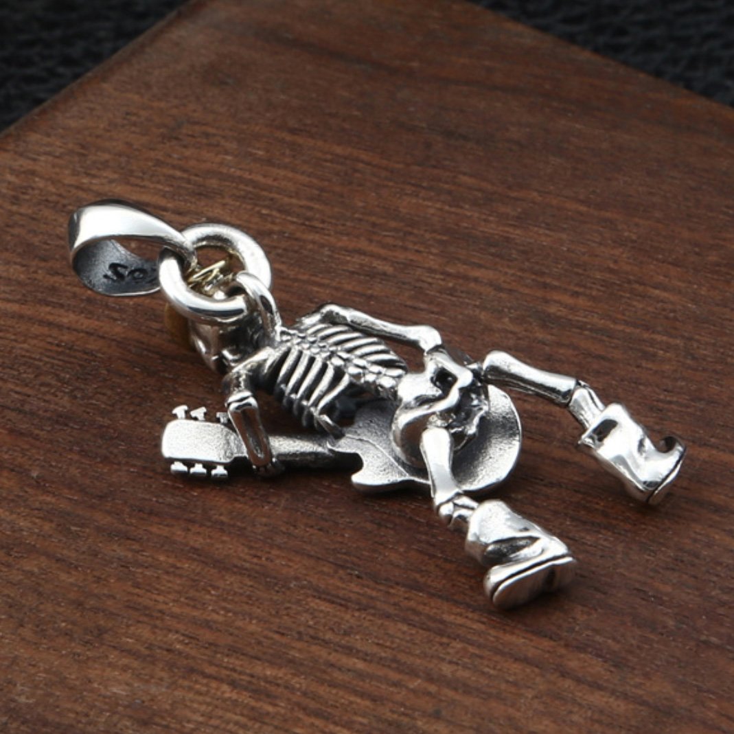 Men's Sterling Silver Skull Guitarist Pendant Necklace