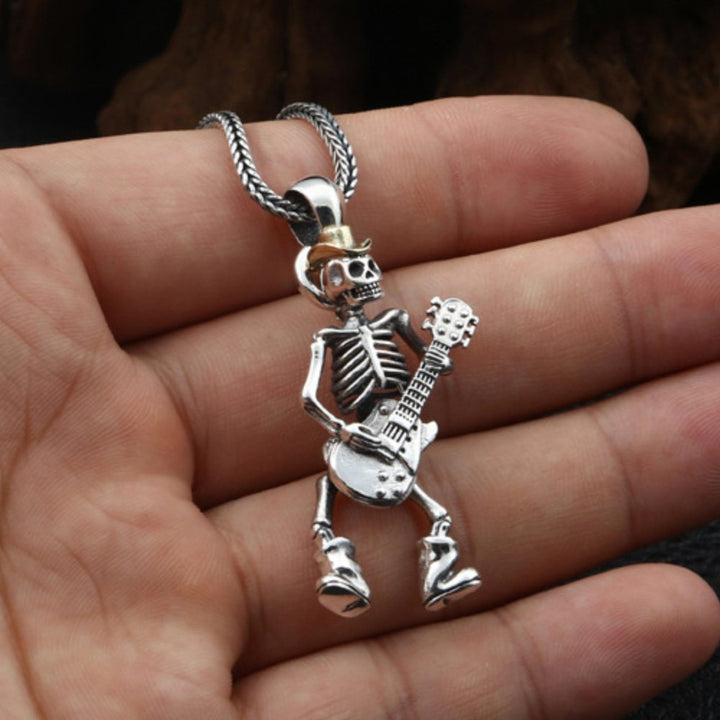 Men's Sterling Silver Skull Guitarist Pendant Necklace