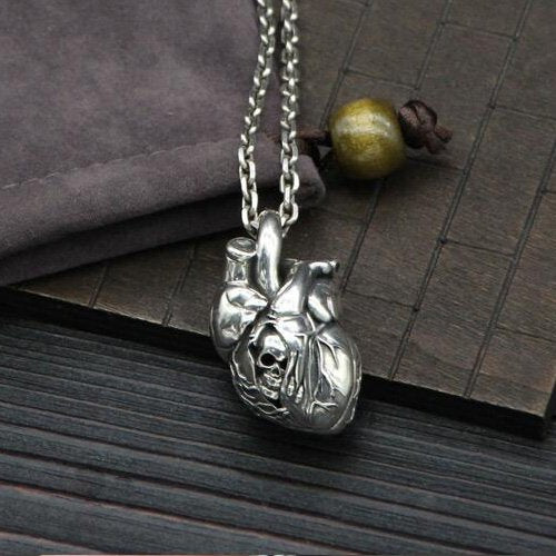 Men's Sterling Silver Skull Heart Necklace