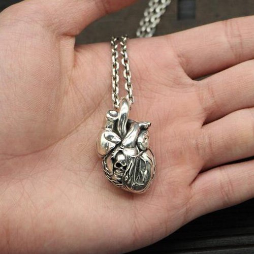 Men's Sterling Silver Skull Heart Necklace