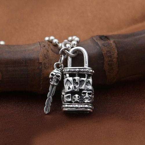 Men's Sterling Silver Skull Key and Lock Necklace