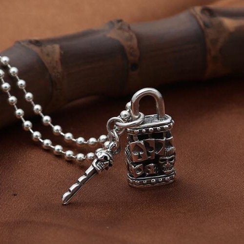 Men's Sterling Silver Skull Key and Lock Necklace