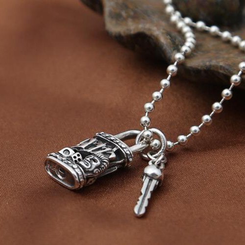 Men's Sterling Silver Skull Key and Lock Necklace