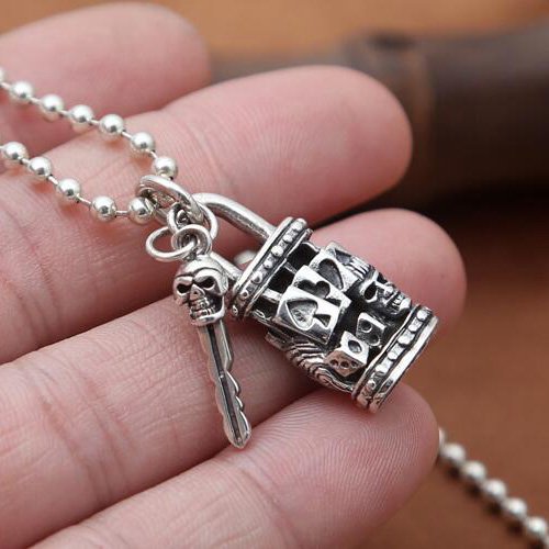 Men's Sterling Silver Skull Key and Lock Necklace