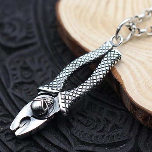 Men's Sterling Silver Skull Pliers Necklace