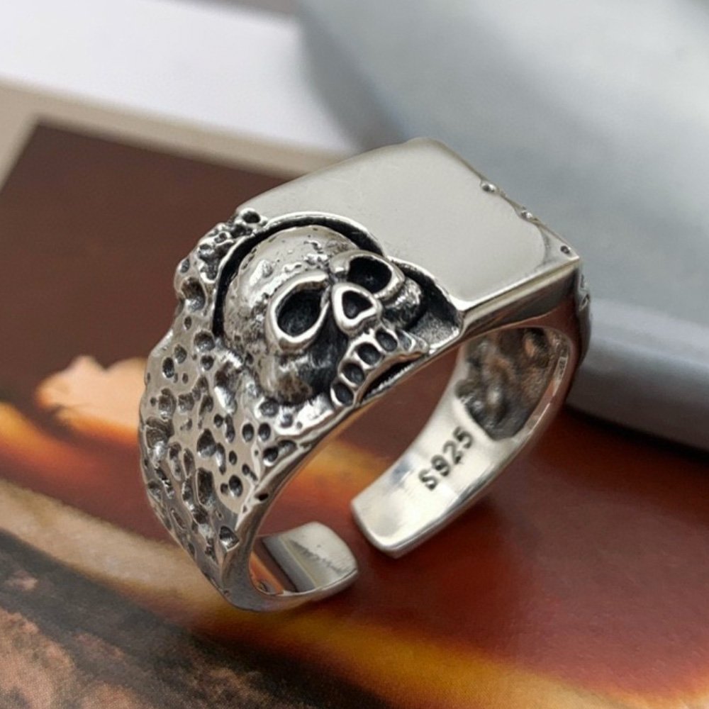 Men's Sterling Silver Skull Signet Ring - Main Image