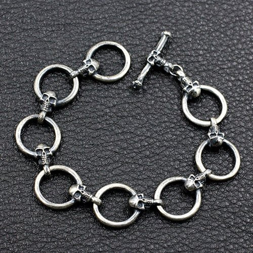 Men's Sterling Silver Skull and Ring Link Bracelet