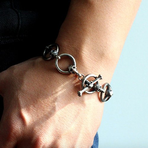 Men's Sterling Silver Skull and Ring Link Bracelet