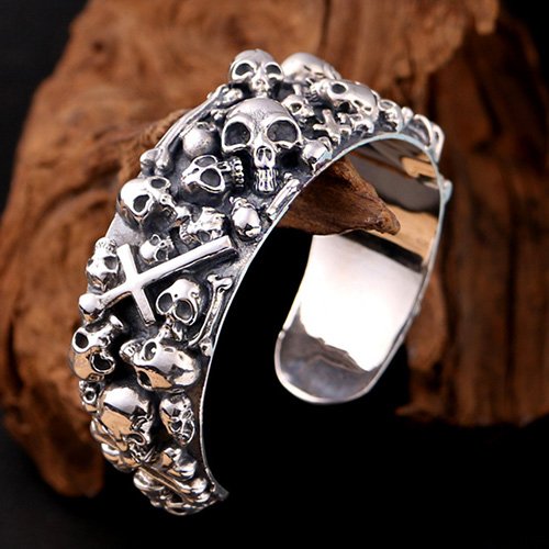 Men's Sterling Silver Skulls And Cross Cuff Bracelet