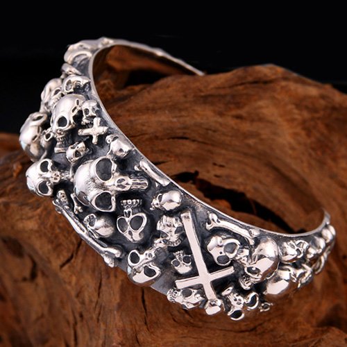 Men's Sterling Silver Skulls And Cross Cuff Bracelet