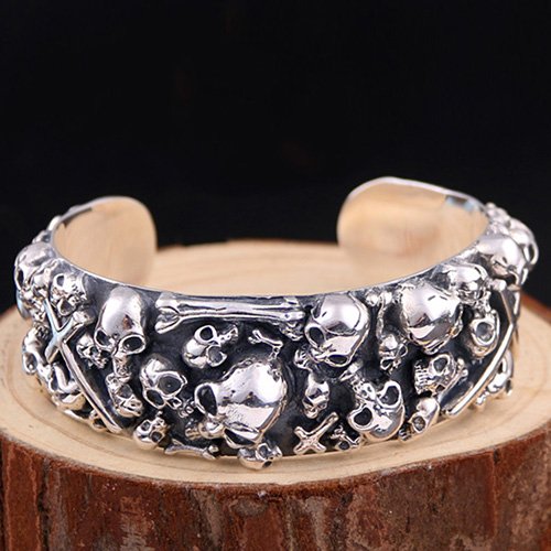 Men's Sterling Silver Skulls And Cross Cuff Bracelet