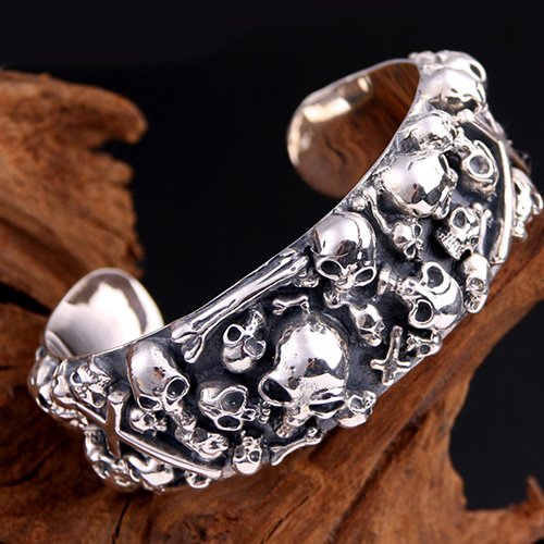 Men's Sterling Silver Skulls And Cross Cuff Bracelet