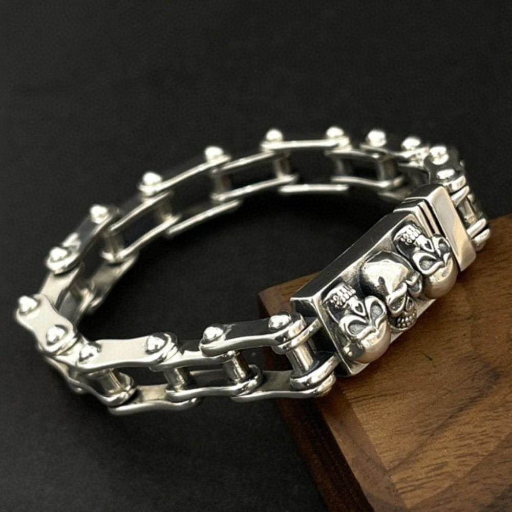 Men's Sterling Silver Skulls Bike Chain Bracelet