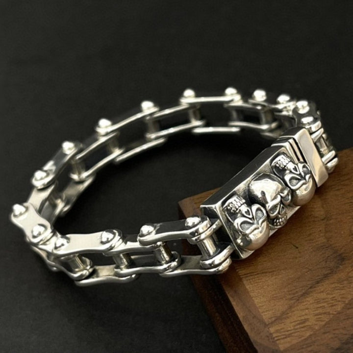 Men's Sterling Silver Skulls Bike Chain Bracelet