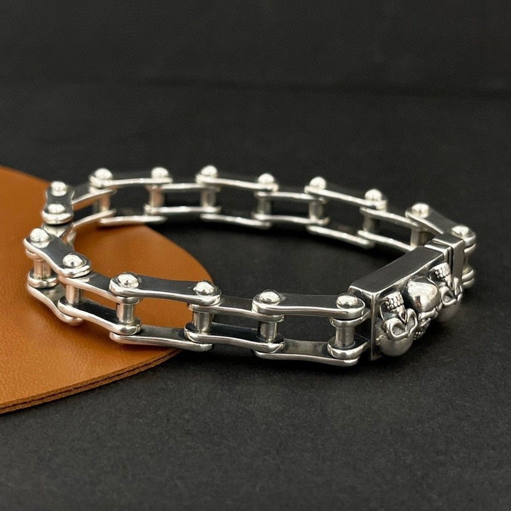 Men's Sterling Silver Skulls Bike Chain Bracelet