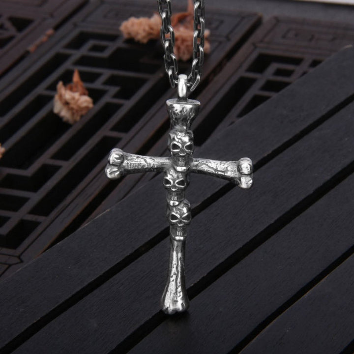 Men's Sterling Silver Skulls Cross Necklace