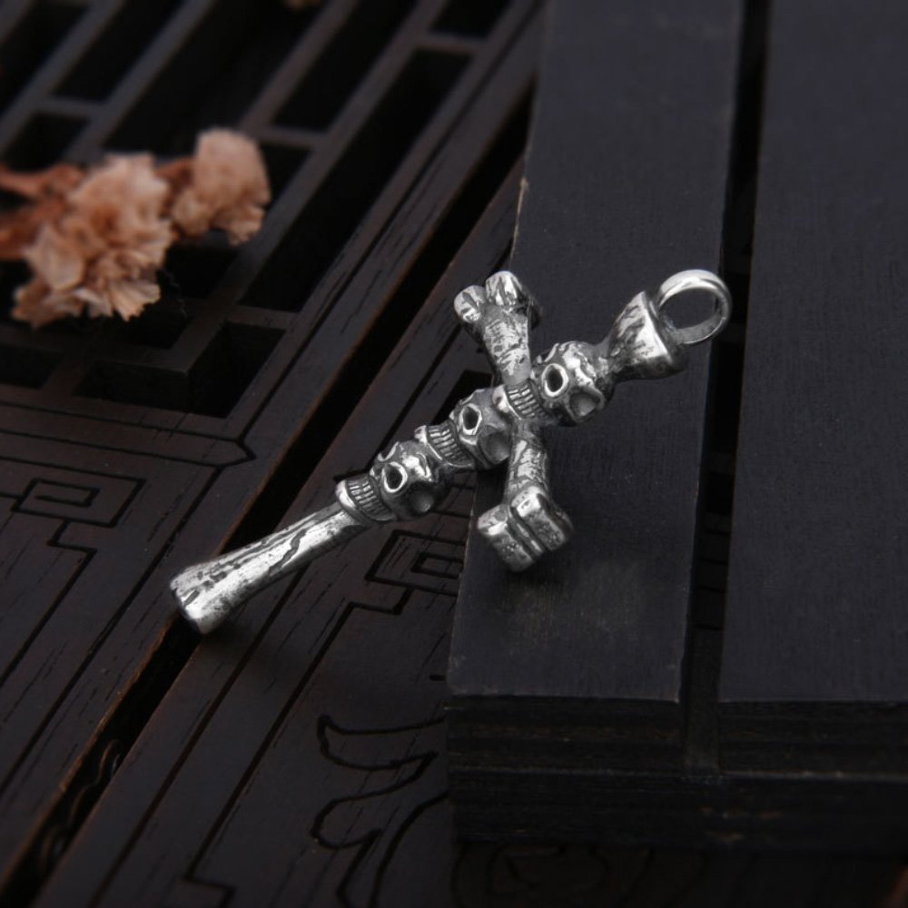 Men's Sterling Silver Skulls Cross Necklace