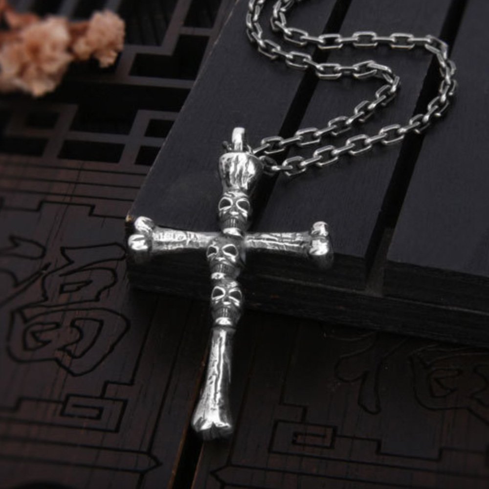 Men's Sterling Silver Skulls Cross Necklace