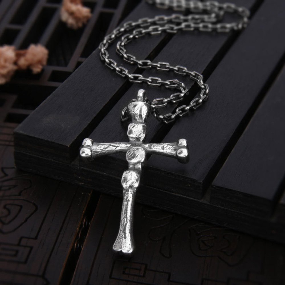 Men's Sterling Silver Skulls Cross Necklace