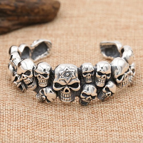 Men Sterling Silver Skulls Cuff Bracelet