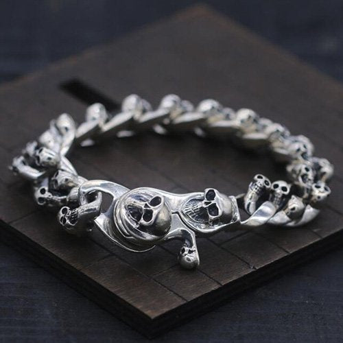 Men's Sterling Silver Skulls Curb Chain Bracelet