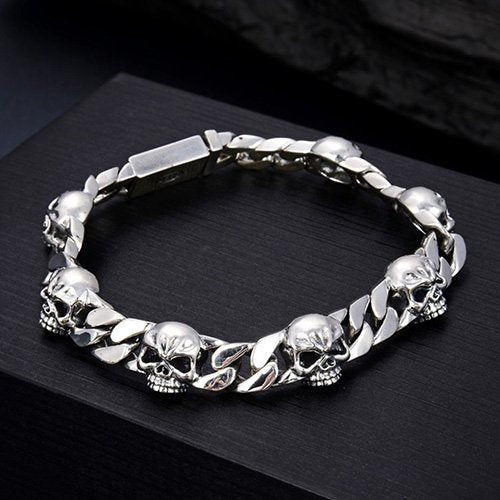 Men's Sterling Silver Skulls Curb Chain Bracelet