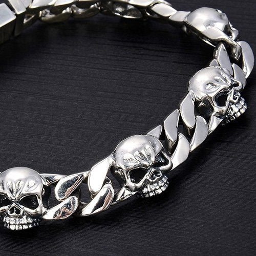 Men's Sterling Silver Skulls Curb Chain Bracelet