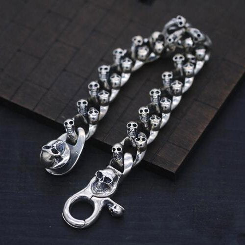 Men's Sterling Silver Skulls Curb Chain Bracelet