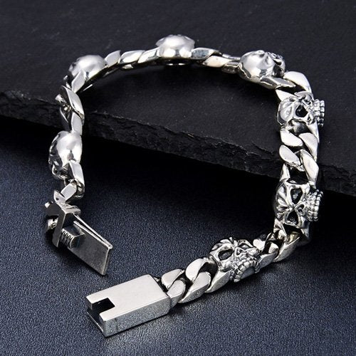 Men's Sterling Silver Skulls Curb Chain Bracelet