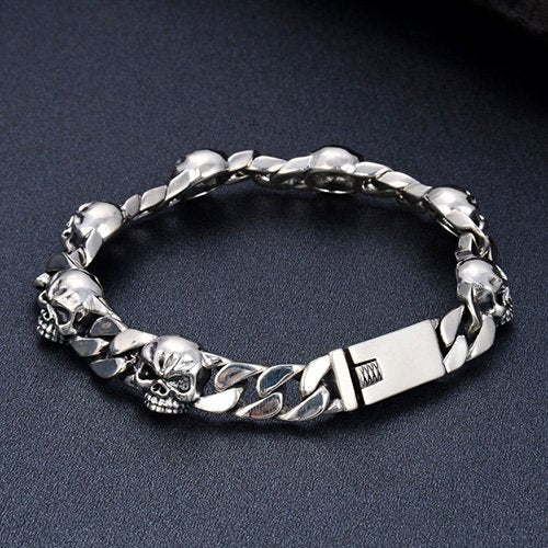 Men's Sterling Silver Skulls Curb Chain Bracelet