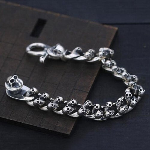 Men's Sterling Silver Skulls Curb Chain Bracelet