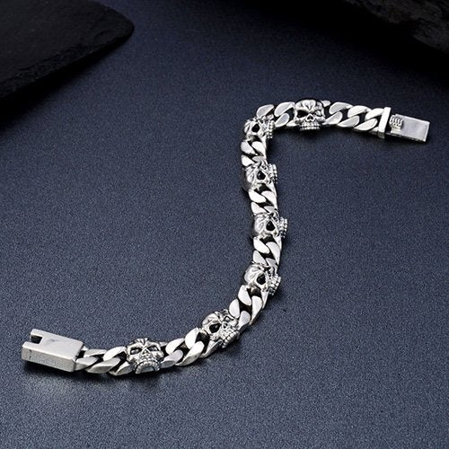 Men's Sterling Silver Skulls Curb Chain Bracelet