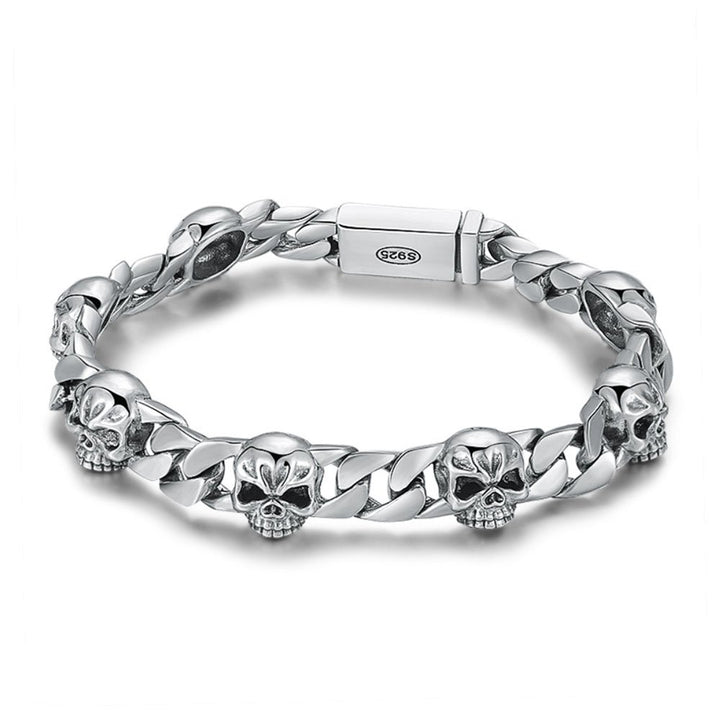 Men's Sterling Silver Skulls Curb Chain Bracelet