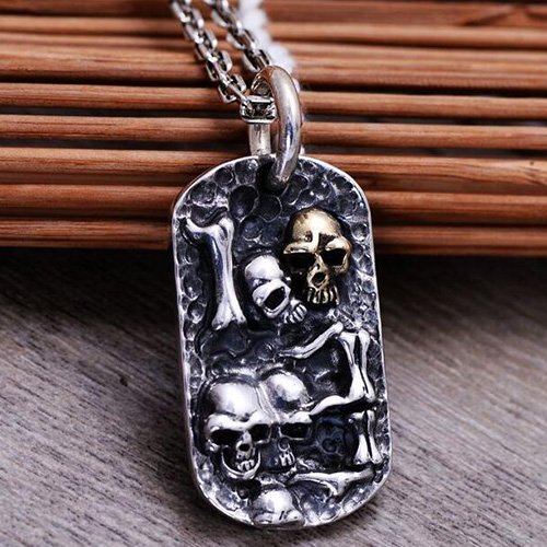 Men's Sterling Silver Skulls Tag Necklace