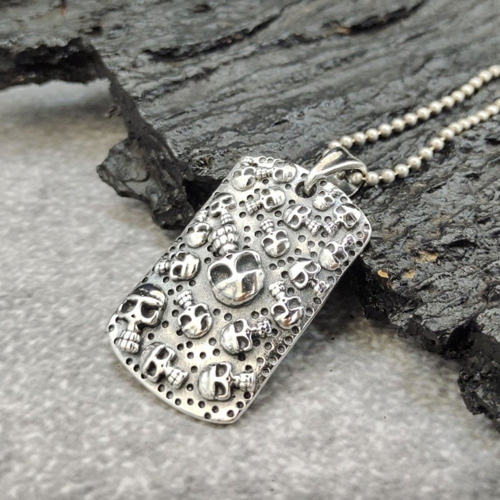 Men's Sterling Silver Skulls Tag Necklace