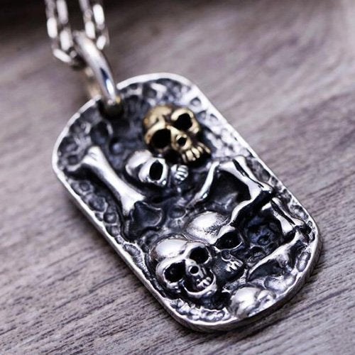 Men's Sterling Silver Skulls Tag Necklace